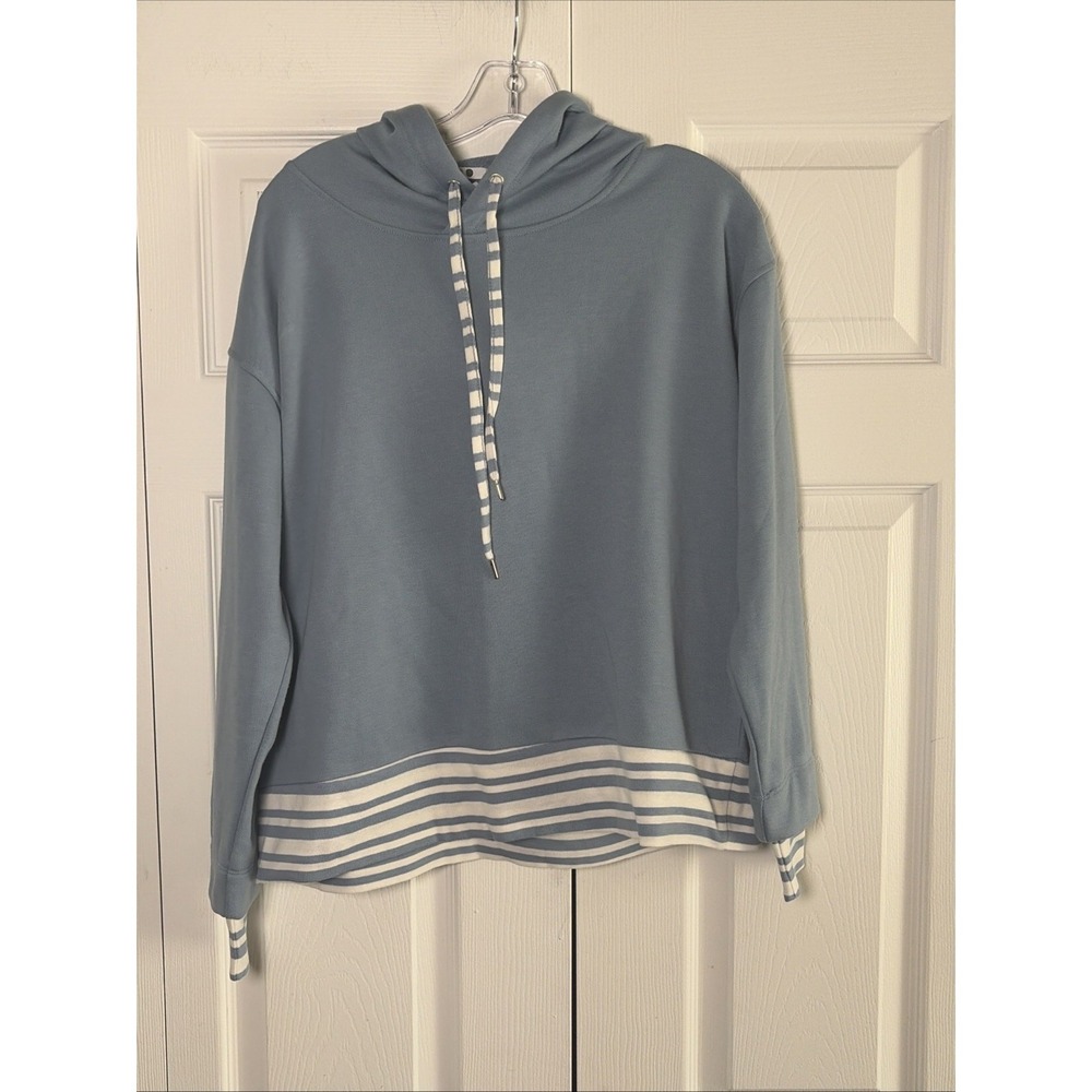 Three Dots Joel Hoodie Womens Size Small Blue Striped Hem Cotton Sweatshirt NEW